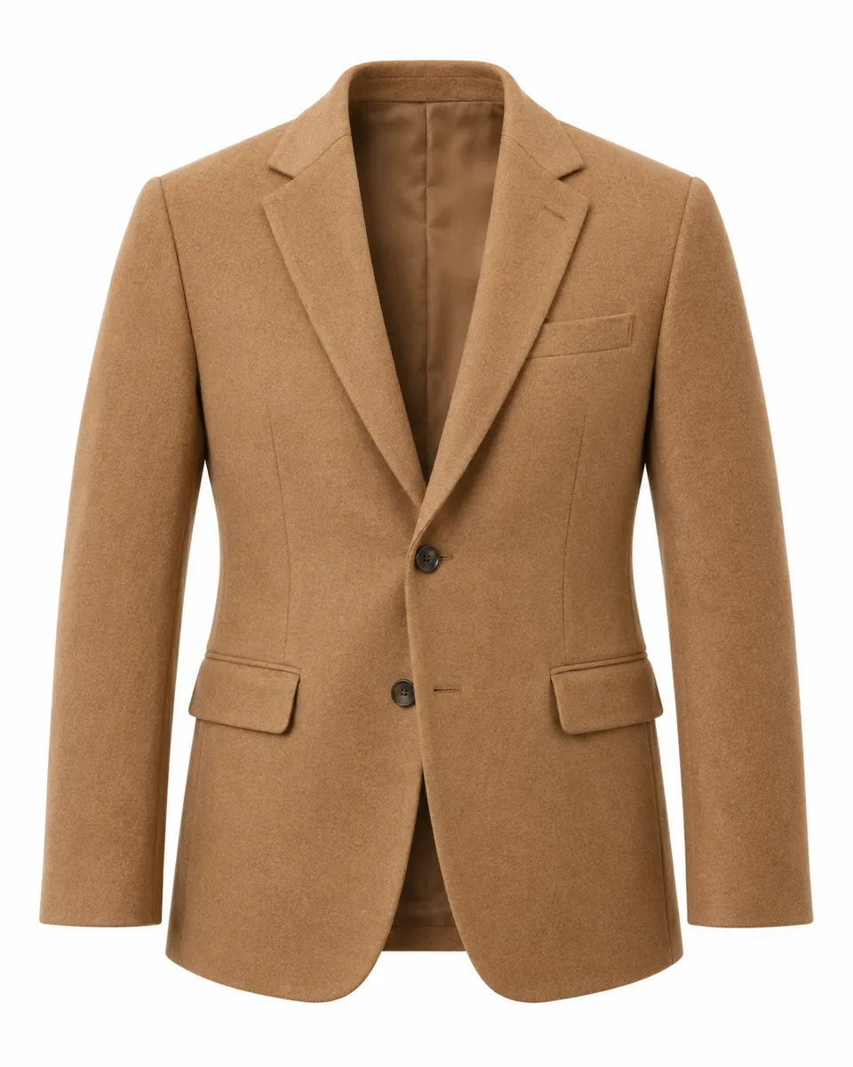 Camel wool two-button tailored blazer, front view reference image