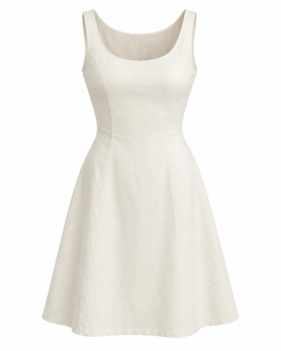 Ivory cotton sleeveless a-line dress, front view reference image