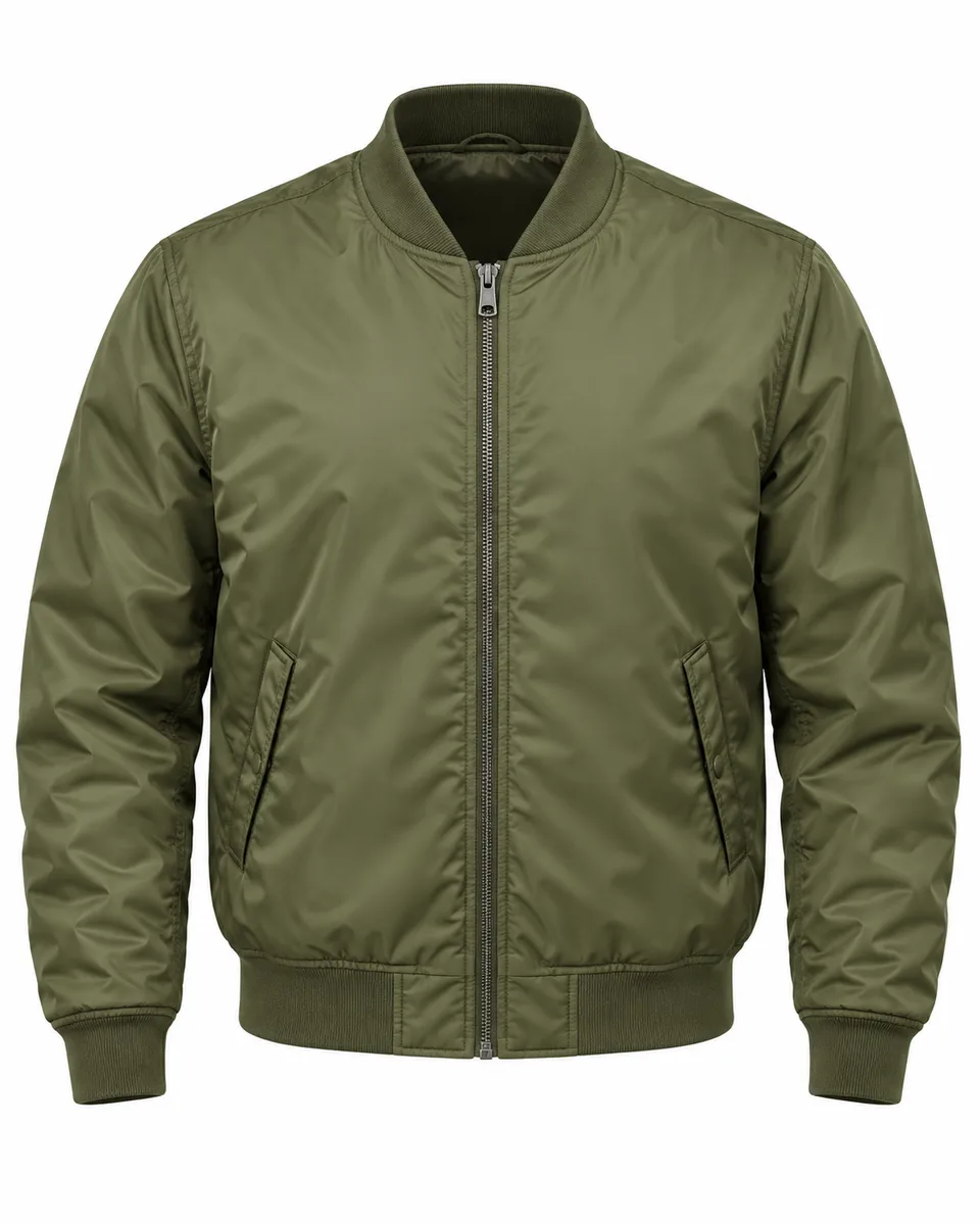 Olive nylon bomber jacket, front view reference image