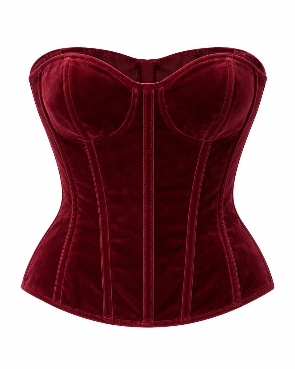 Burgundy velvet sweetheart corset top, front view reference image