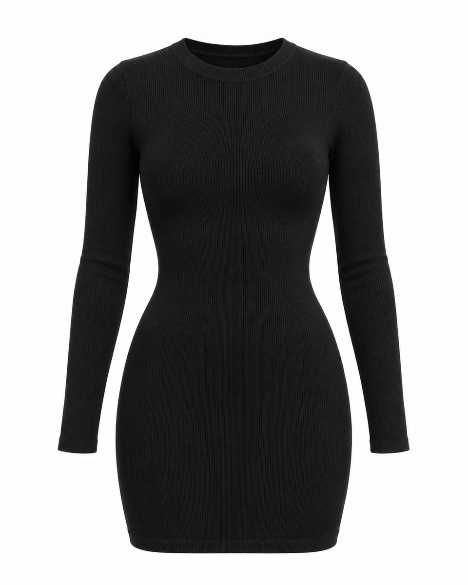 Black knit long-sleeve bodycon mini dress, front view reference image