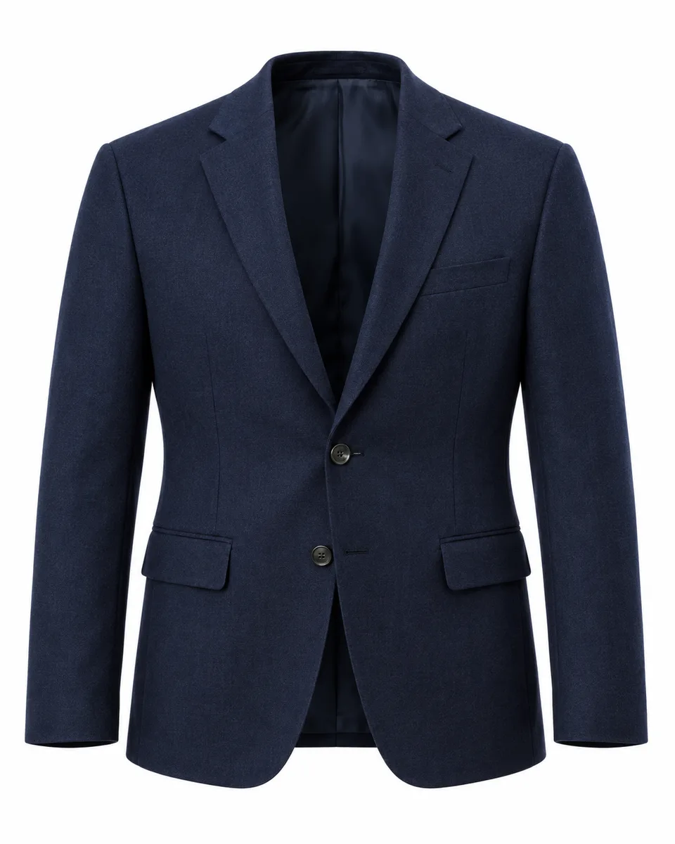 Navy wool two-button tailored blazer, front view reference image
