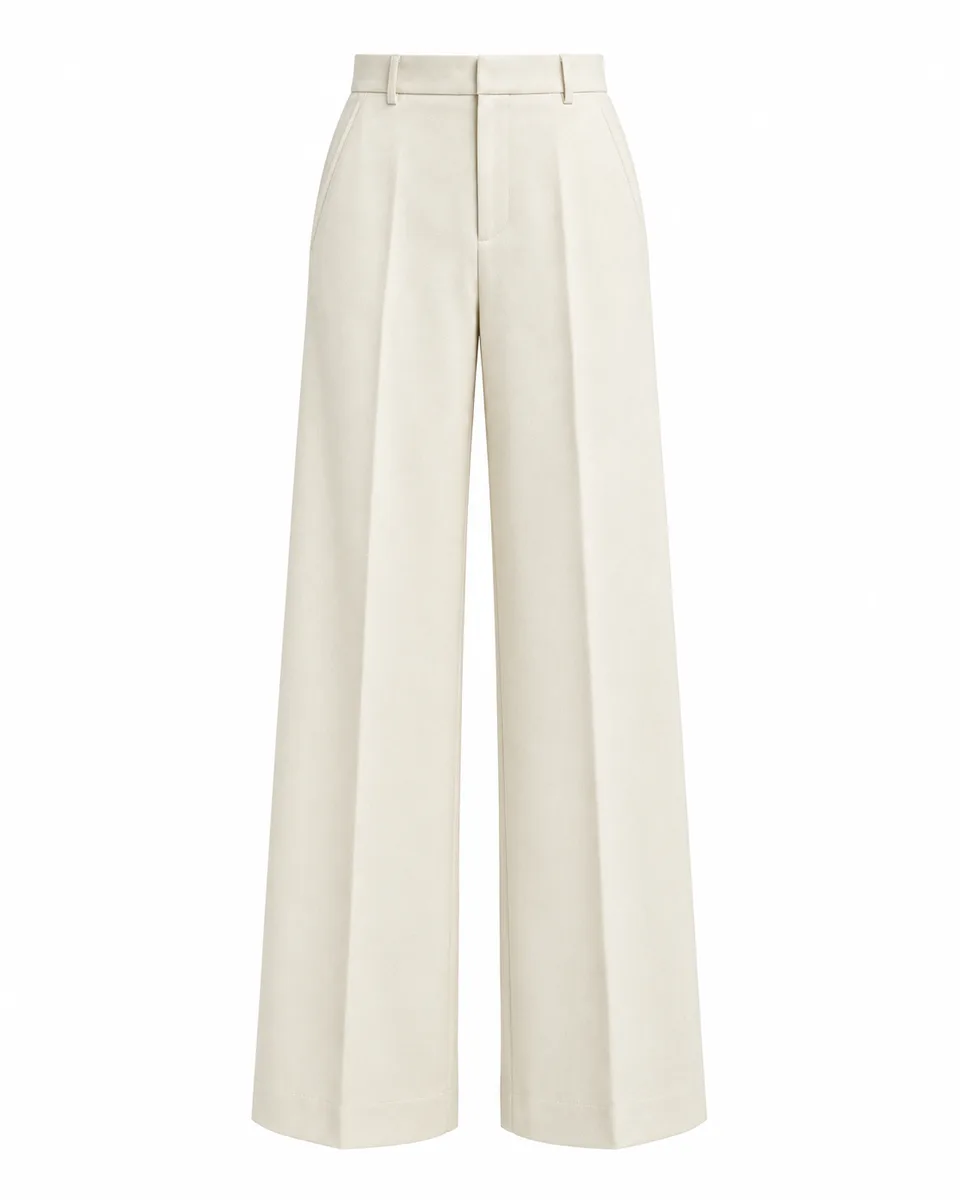 Ivory wool high-waist wide-leg trousers, front view reference image