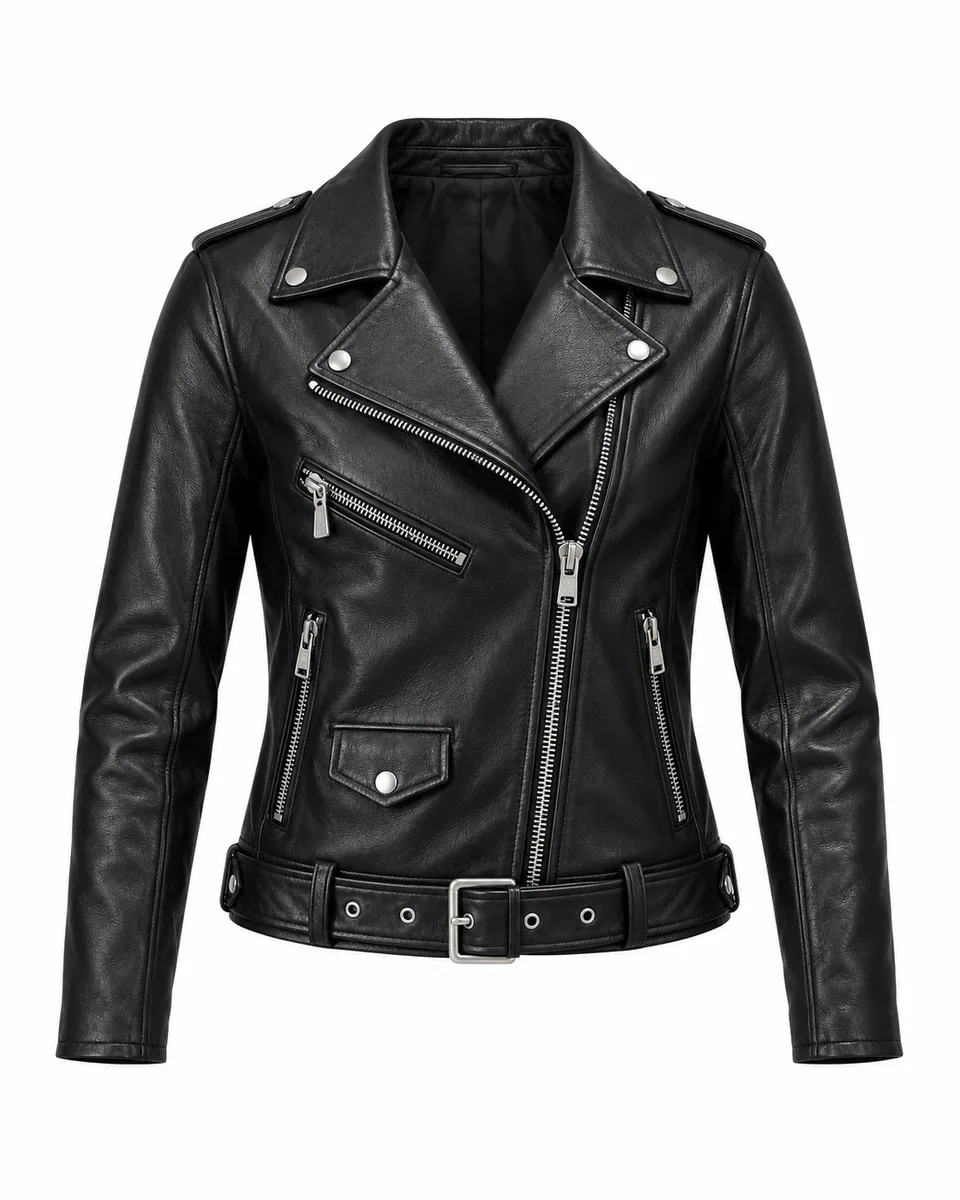 Black leather leather biker jacket, front view reference image