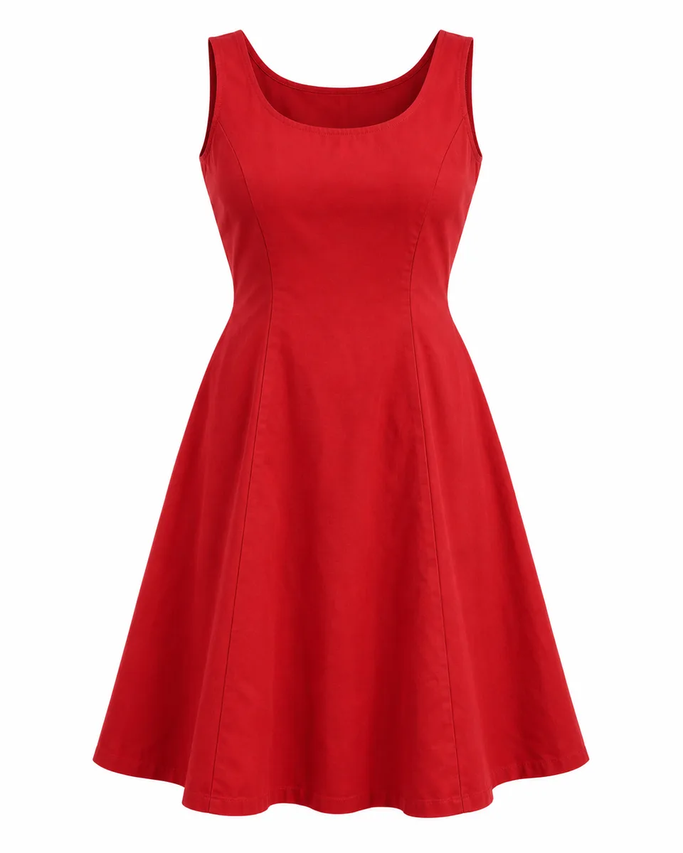 Red cotton sleeveless a-line dress, front view reference image