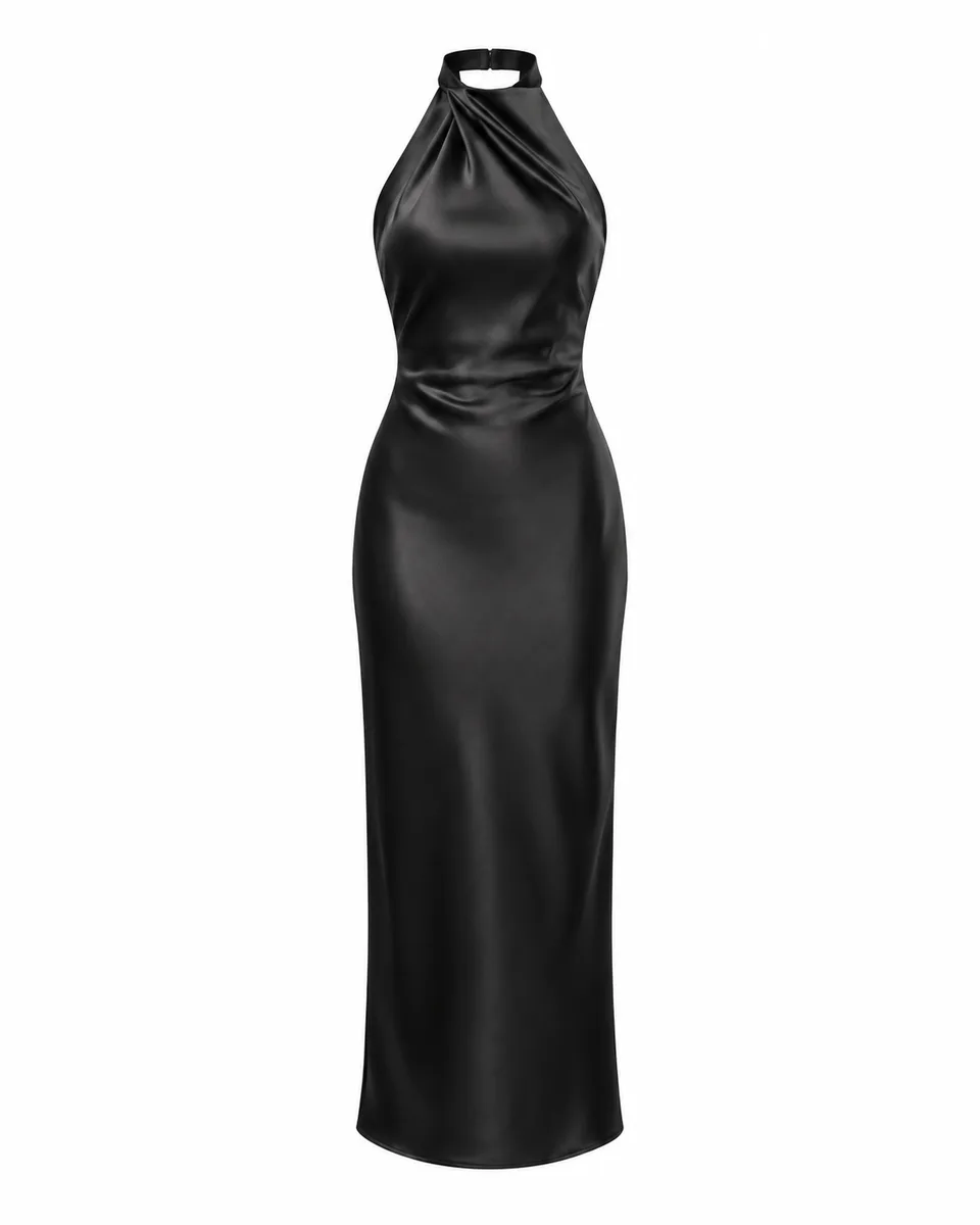 Black satin halter column dress, front view reference image