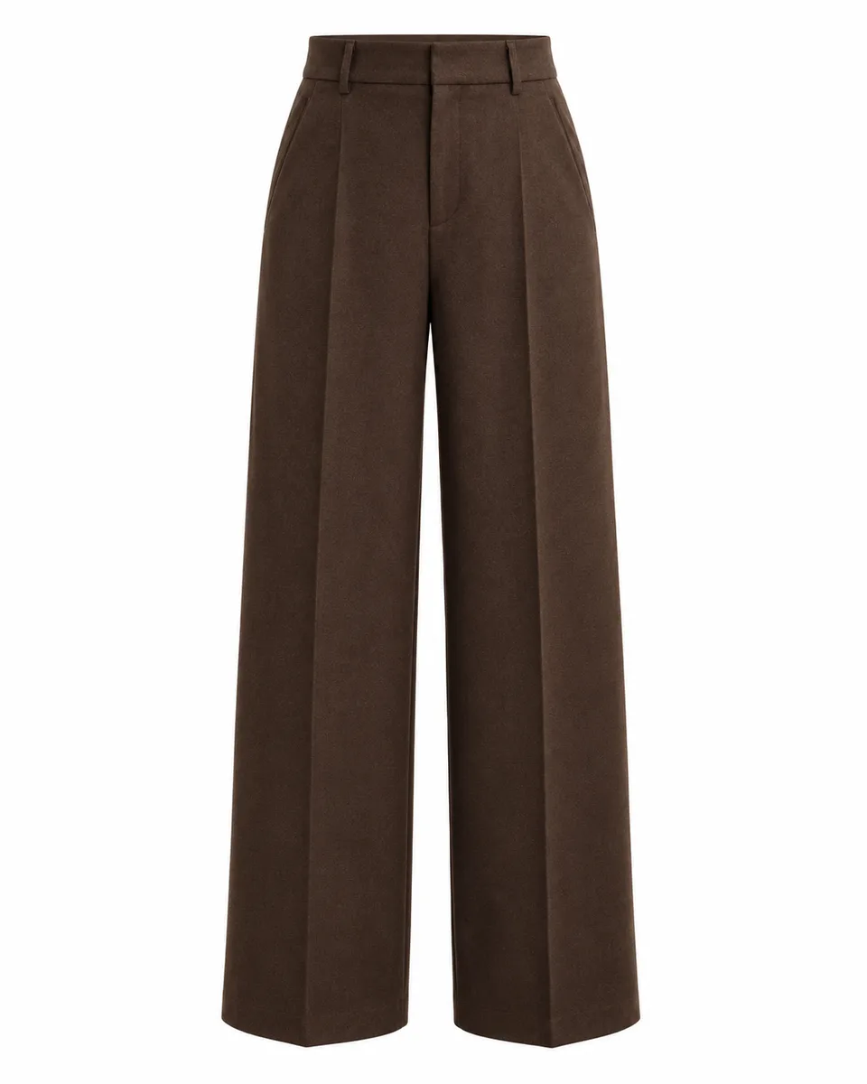 Chocolate wool high-waist wide-leg trousers, front view reference image