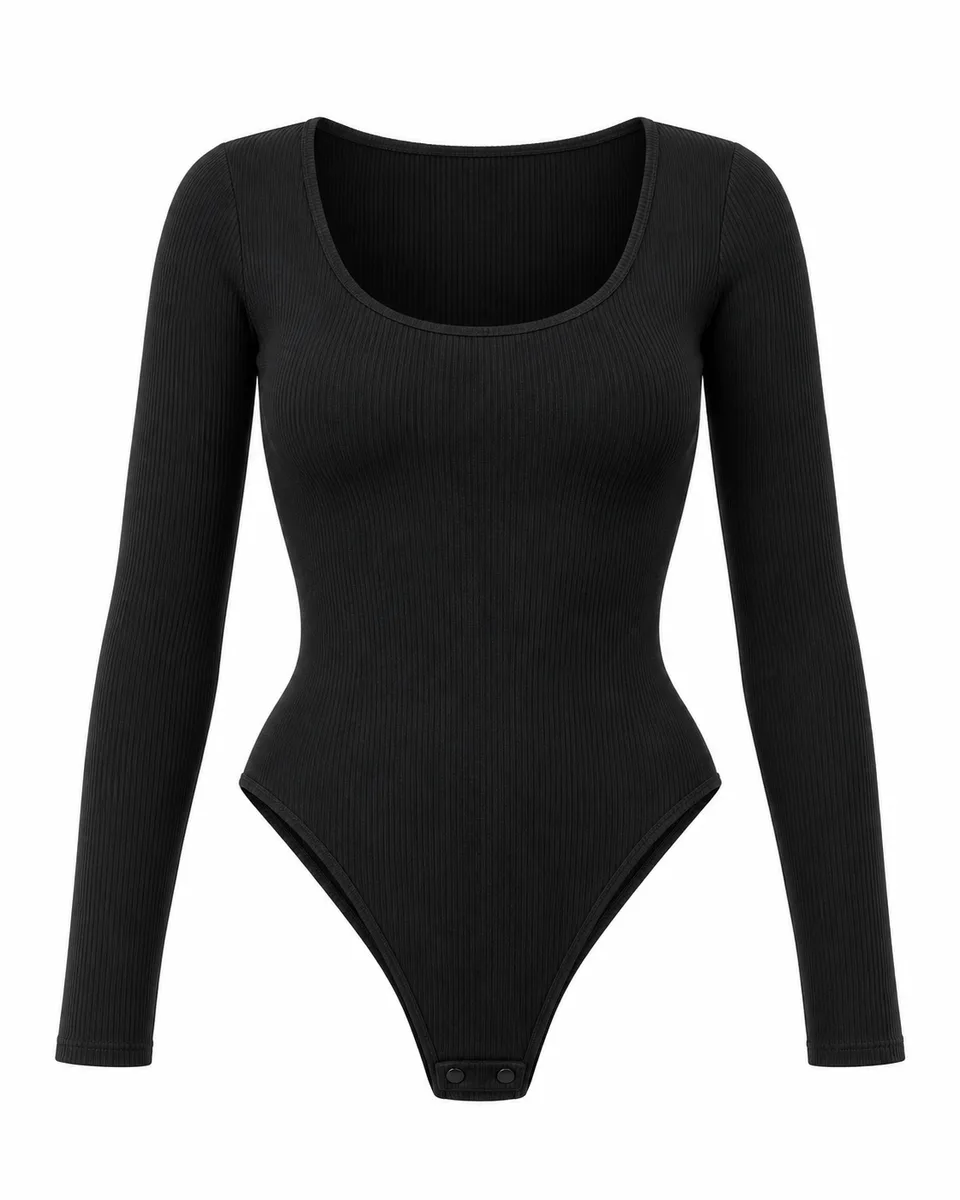 Black knit long-sleeve high-leg bodysuit, front view reference image