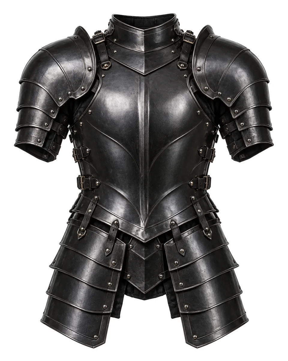 Black metal plate ridged cuirass with pauldrons, front view reference image