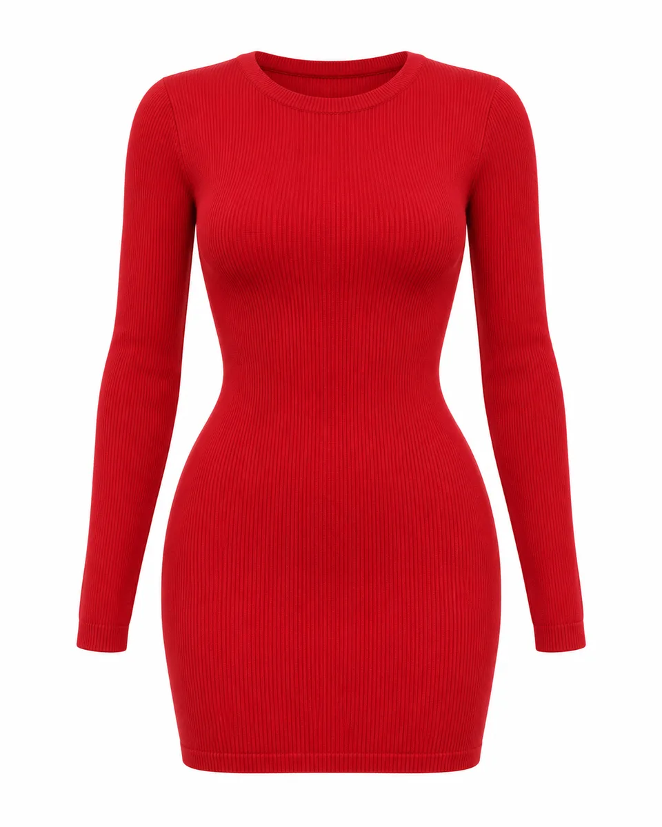 Red knit long-sleeve bodycon mini dress, front view reference image