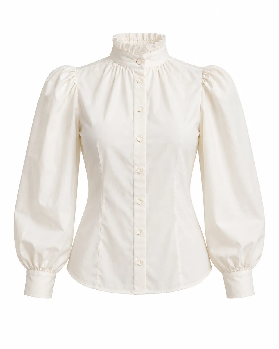 Ivory cotton puff-sleeve high-neck blouse, front view reference image