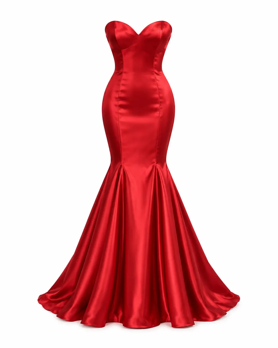 Red satin mermaid gown, front view reference image