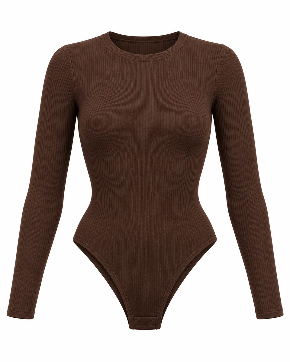 Chocolate knit long-sleeve high-leg bodysuit, front view reference image