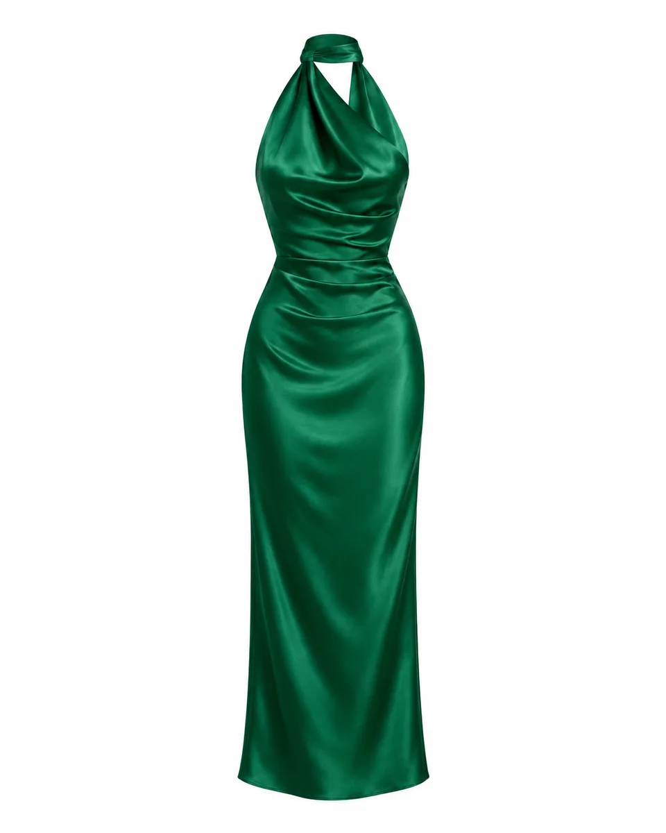 Emerald satin halter column dress, front view reference image