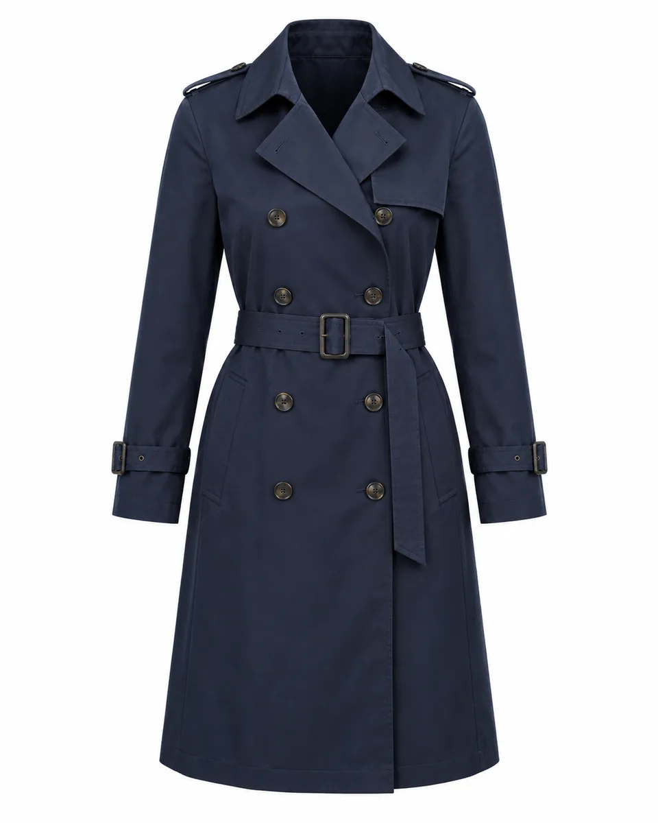 Navy gabardine double-breasted trench coat, front view reference image