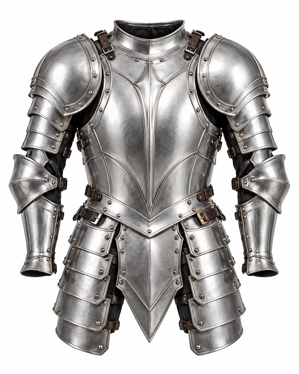 Silver metal plate ridged cuirass with pauldrons, front view reference image