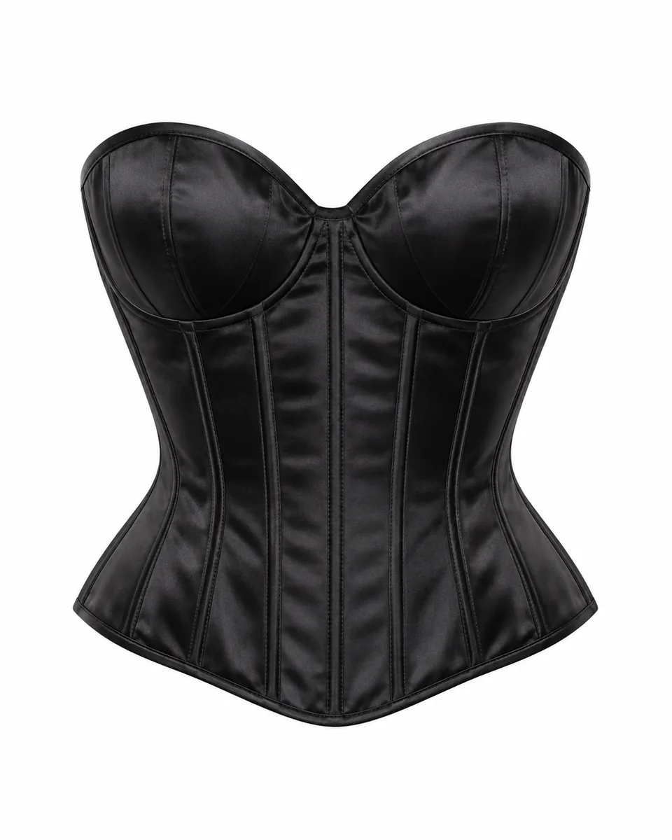Black satin sweetheart corset top, front view reference image