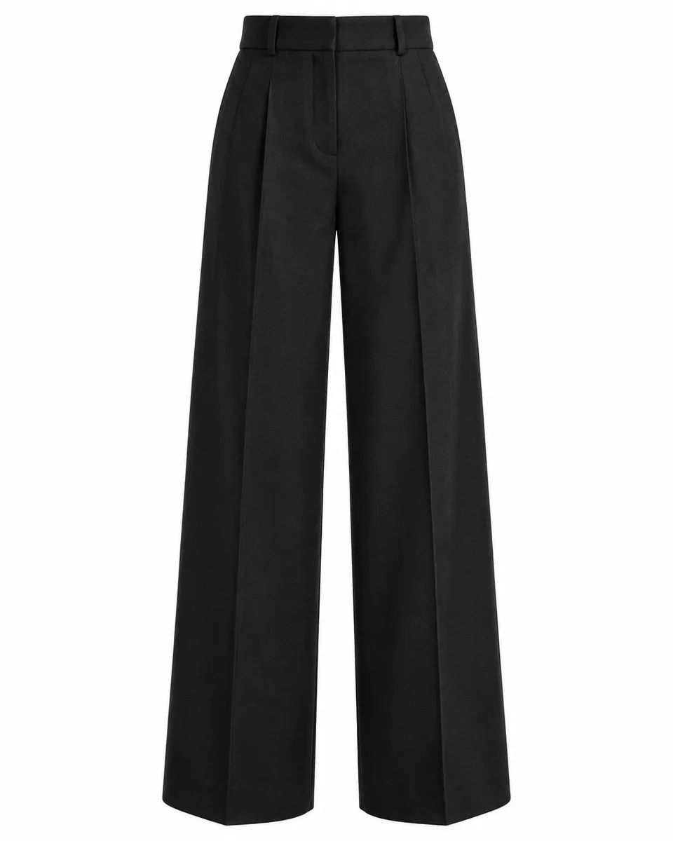 Black wool high-waist wide-leg trousers, front view reference image