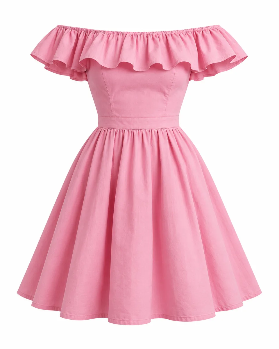 Pink cotton off-shoulder ruffle dress, front view reference image