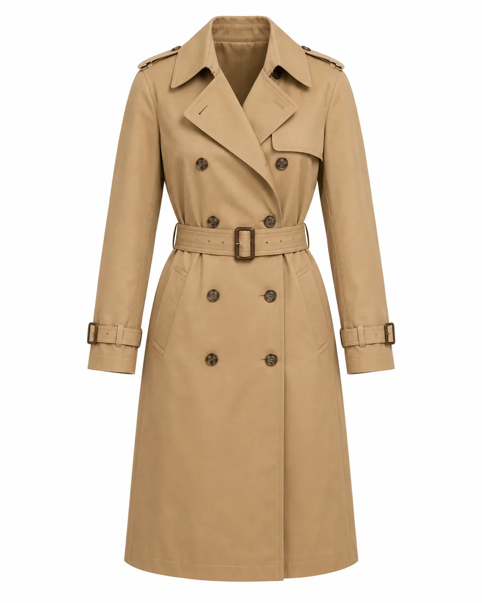 Camel gabardine double-breasted trench coat, front view reference image