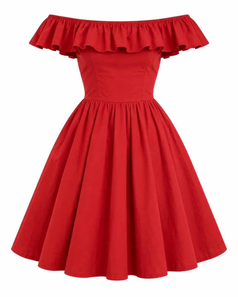 Red cotton off-shoulder ruffle dress, front view reference image