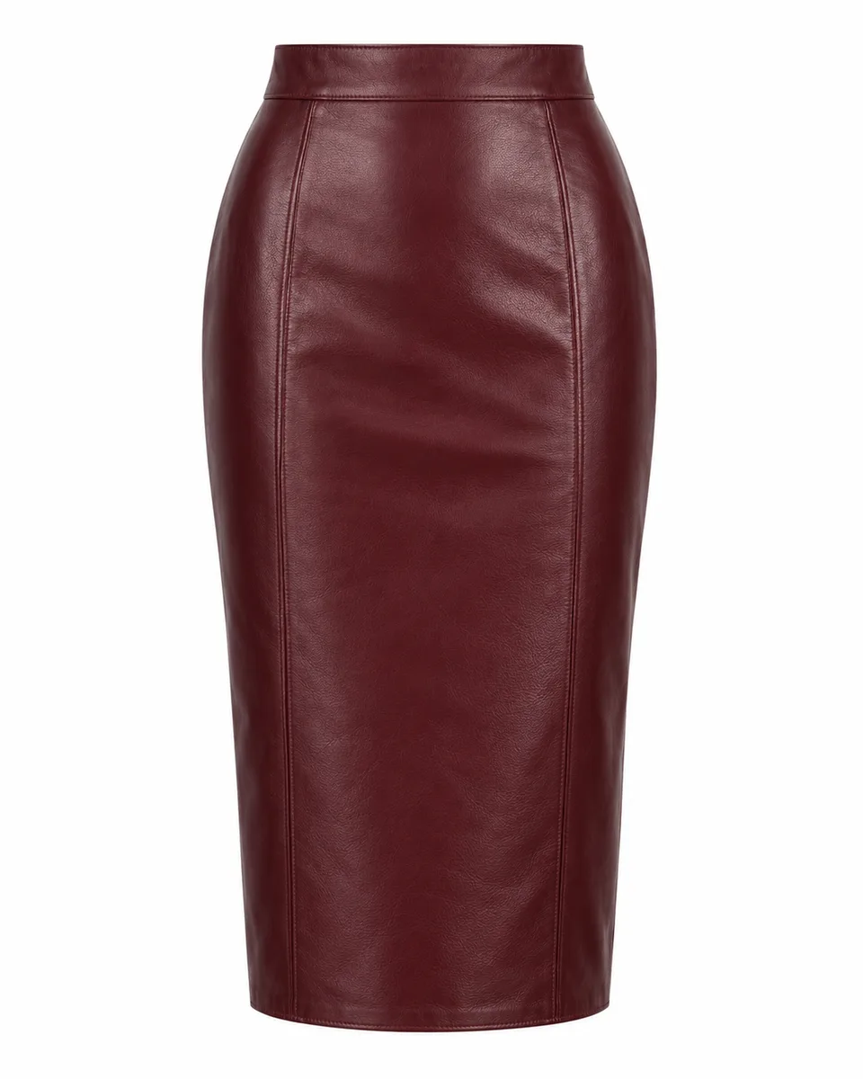 Burgundy leather midi pencil skirt, front view reference image