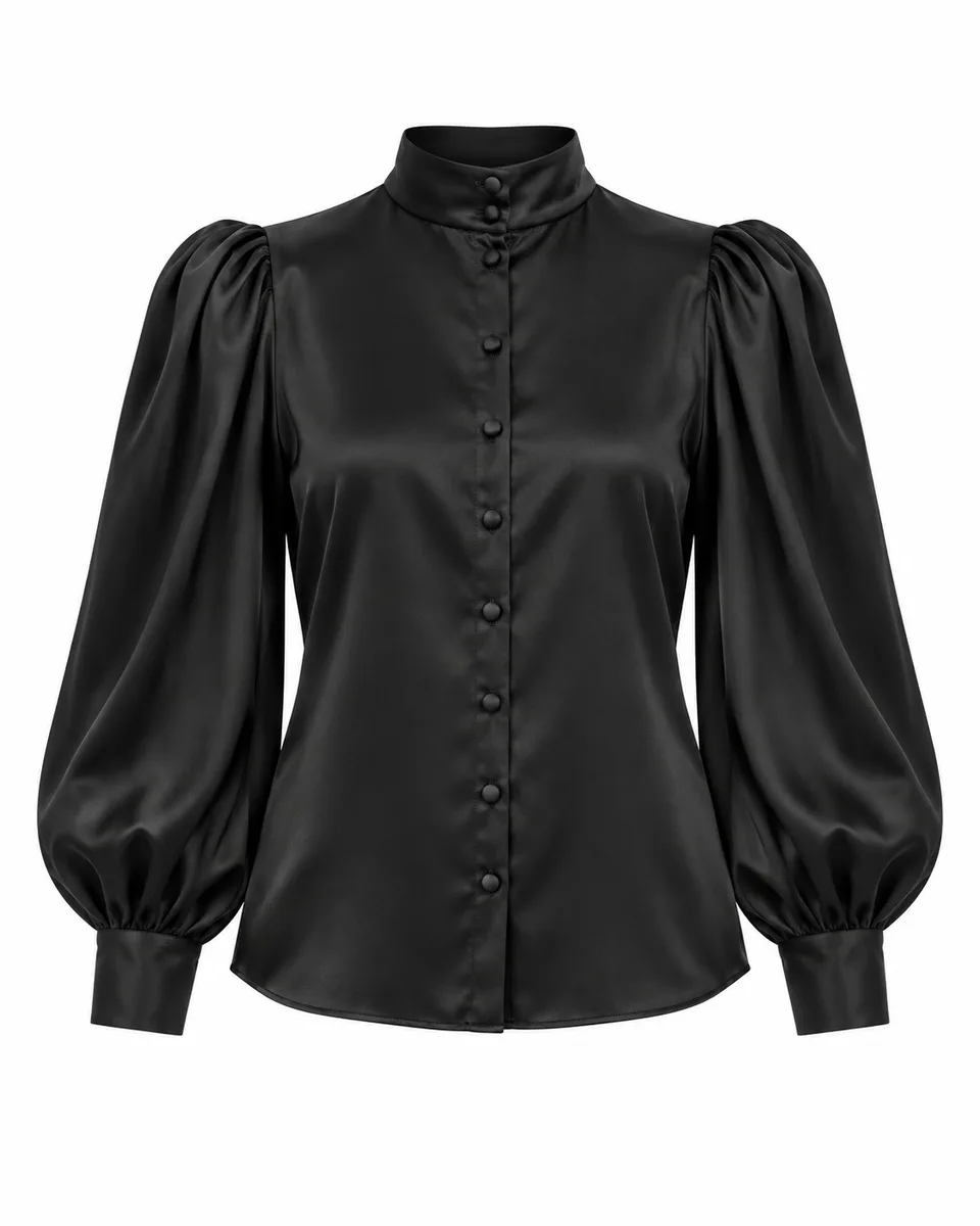 Black silk puff-sleeve high-neck blouse, front view reference image