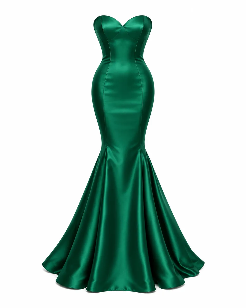 Emerald satin mermaid gown, front view reference image