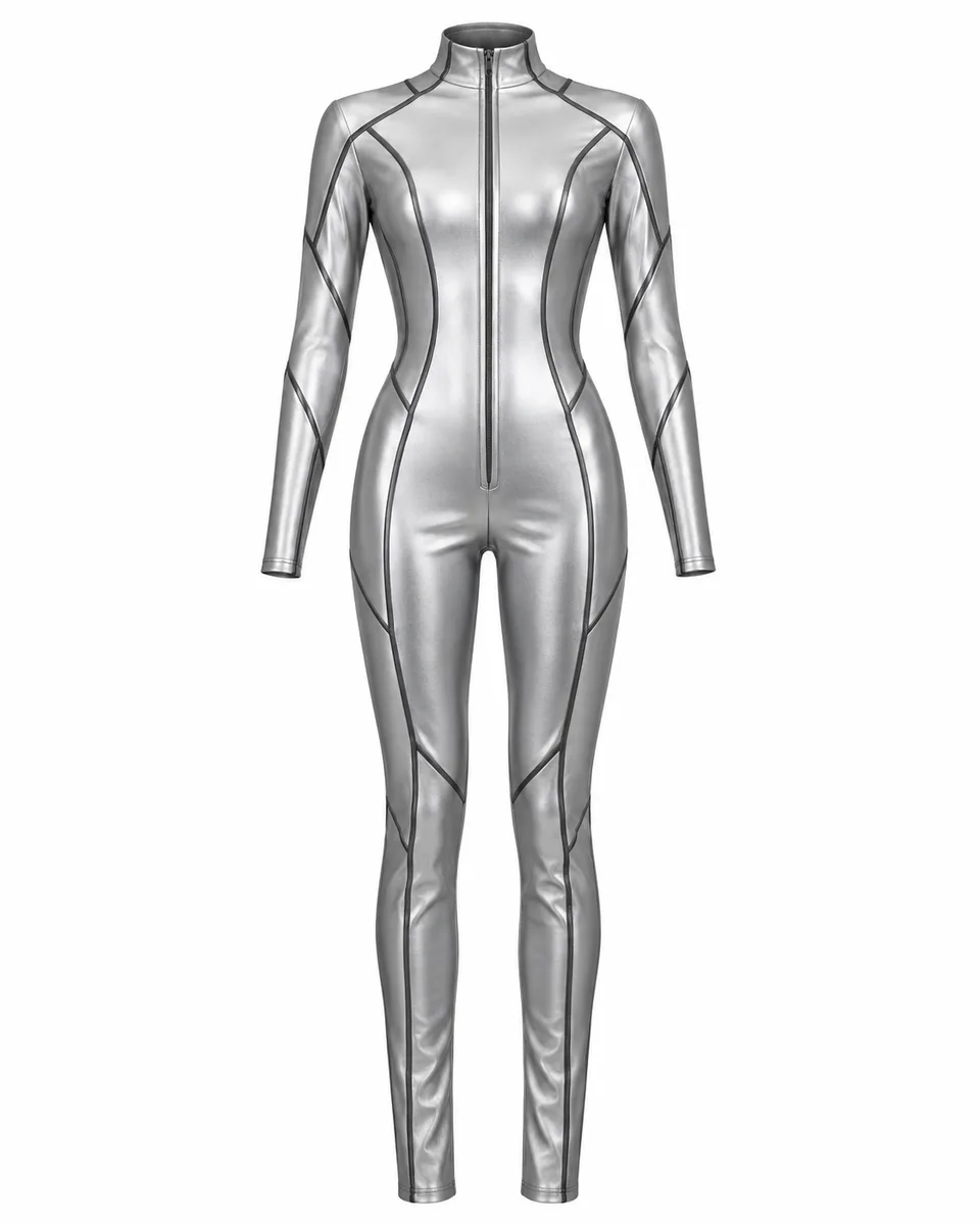 Silver nylon panelled sci-fi catsuit, front view reference image