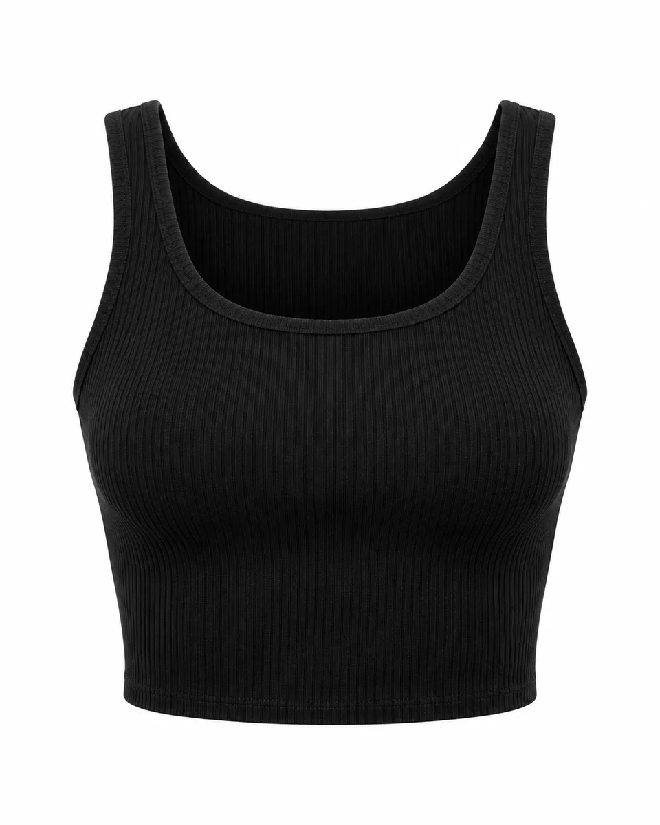 Black knit ribbed crop tank, front view reference image