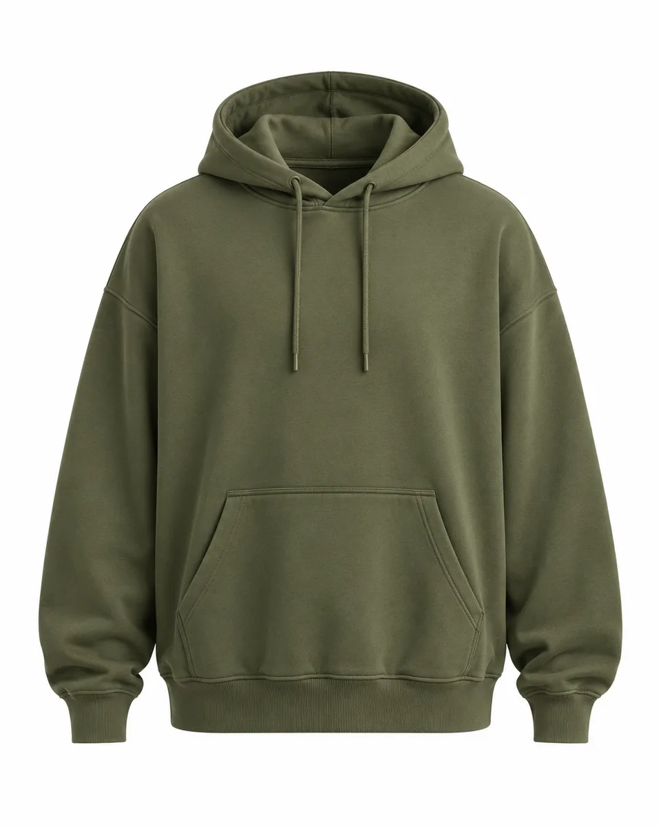 Olive knit oversized hoodie, front view reference image