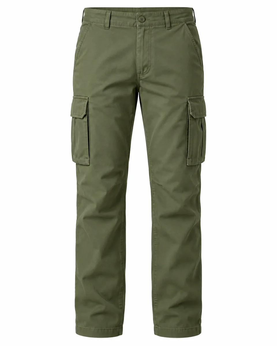 Olive cotton cargo trousers, front view reference image