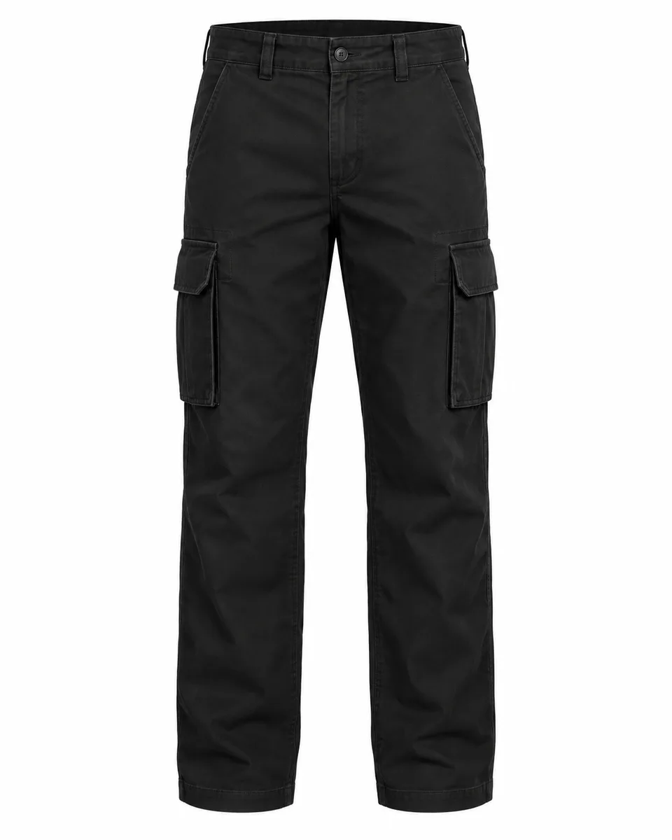 Black cotton cargo trousers, front view reference image