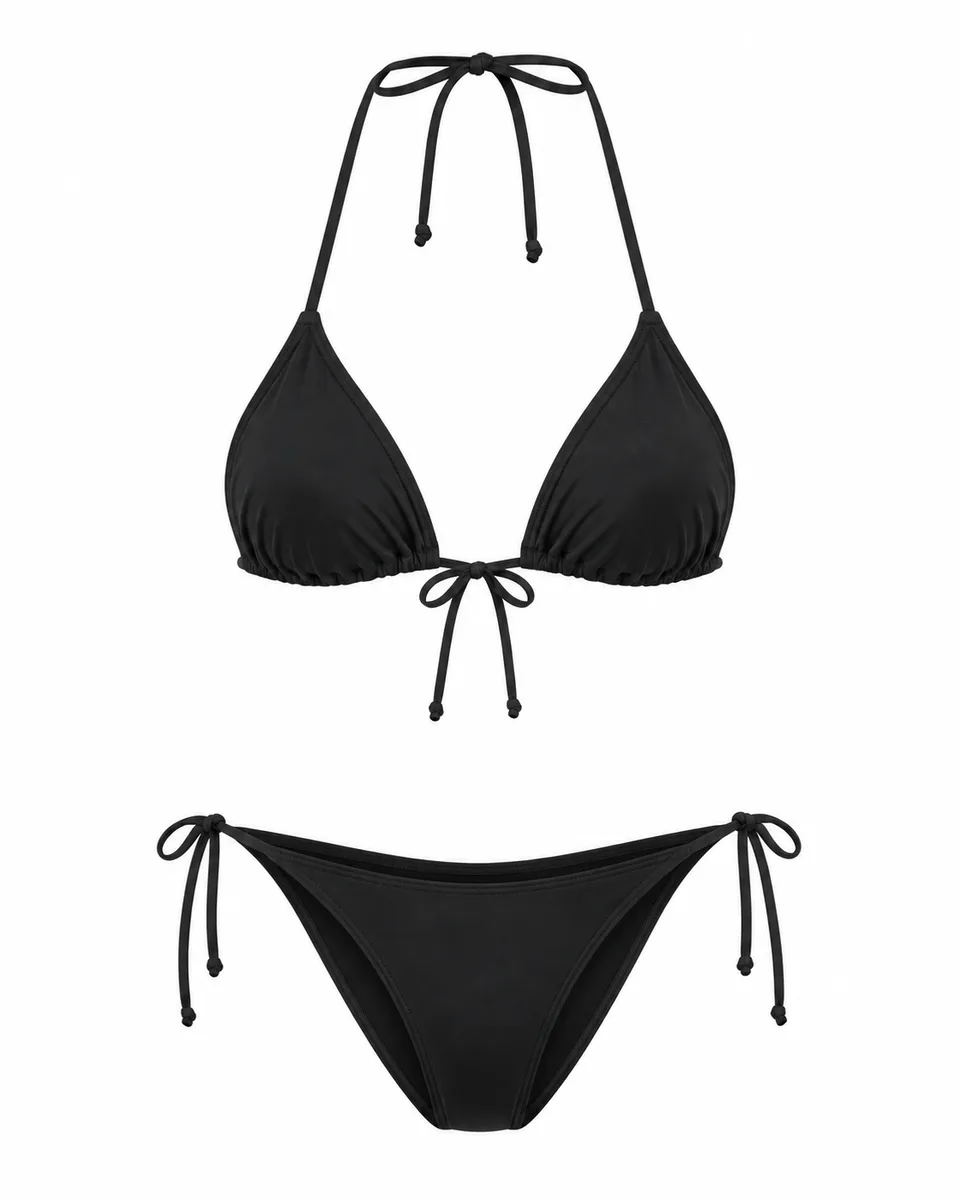 Black nylon triangle bikini, front view reference image