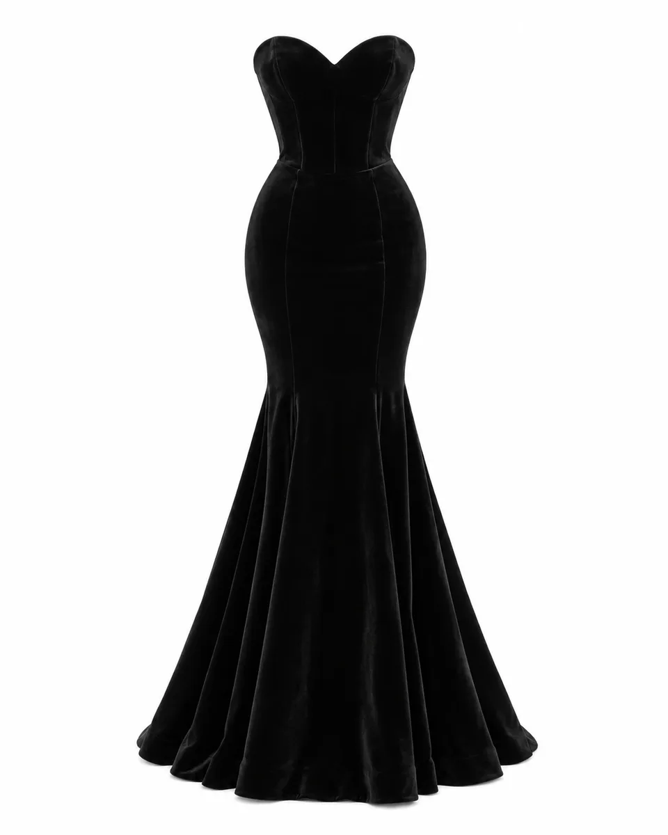 Black velvet mermaid gown, front view reference image