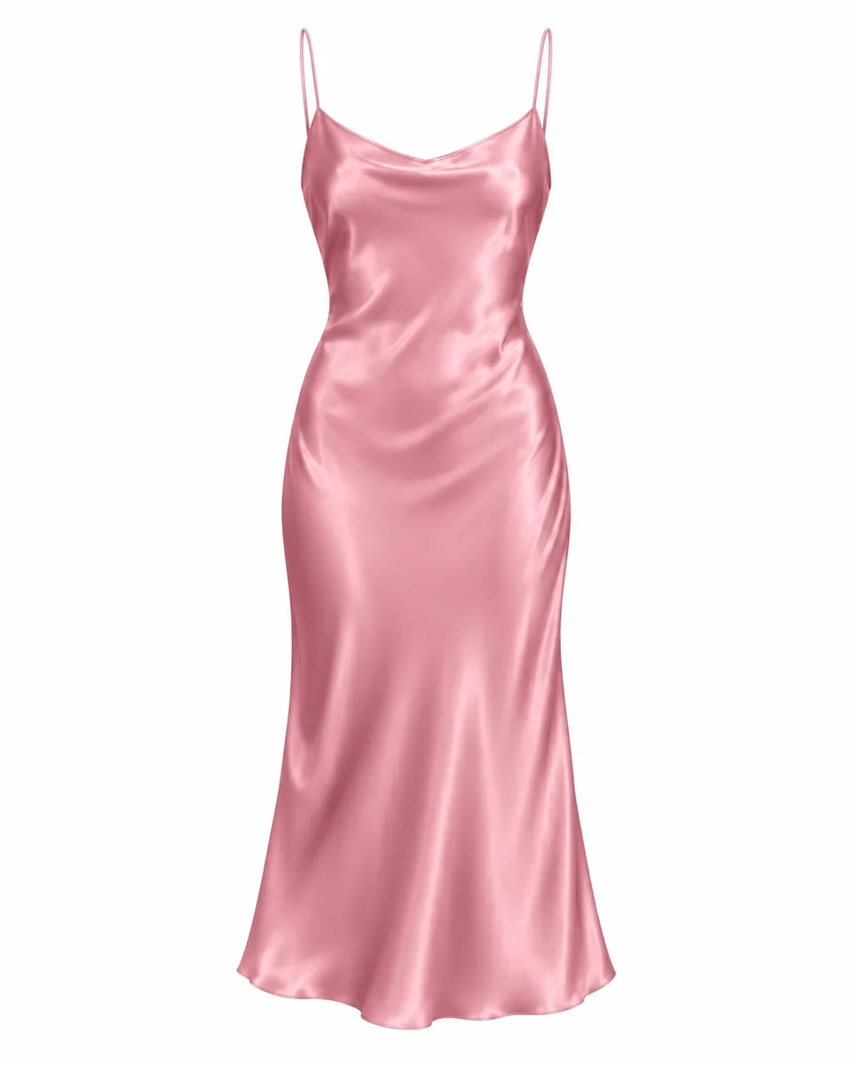 Pink satin bias-cut slip dress, front view reference image