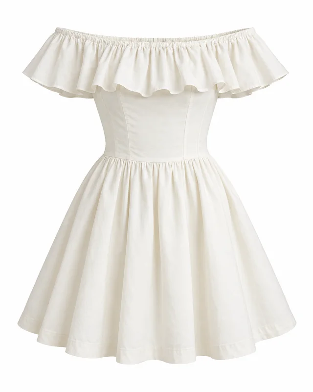 Ivory cotton off-shoulder ruffle dress