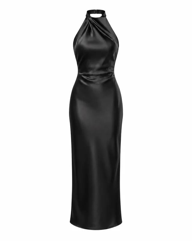 Black satin halter column dress