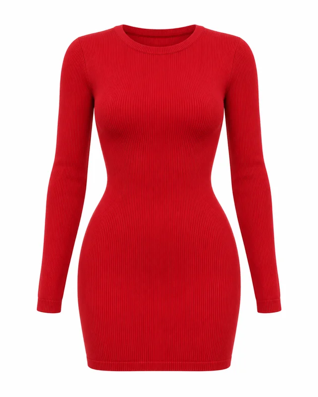 Red knit long-sleeve bodycon mini dress