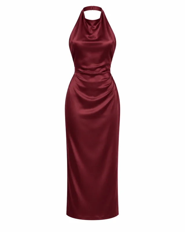 Burgundy satin halter column dress