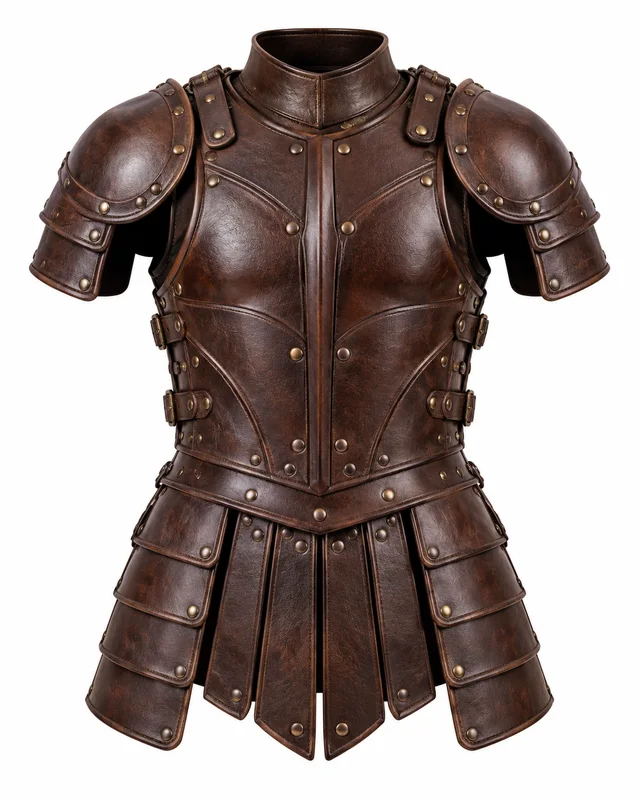 Chocolate leather ridged cuirass with pauldrons