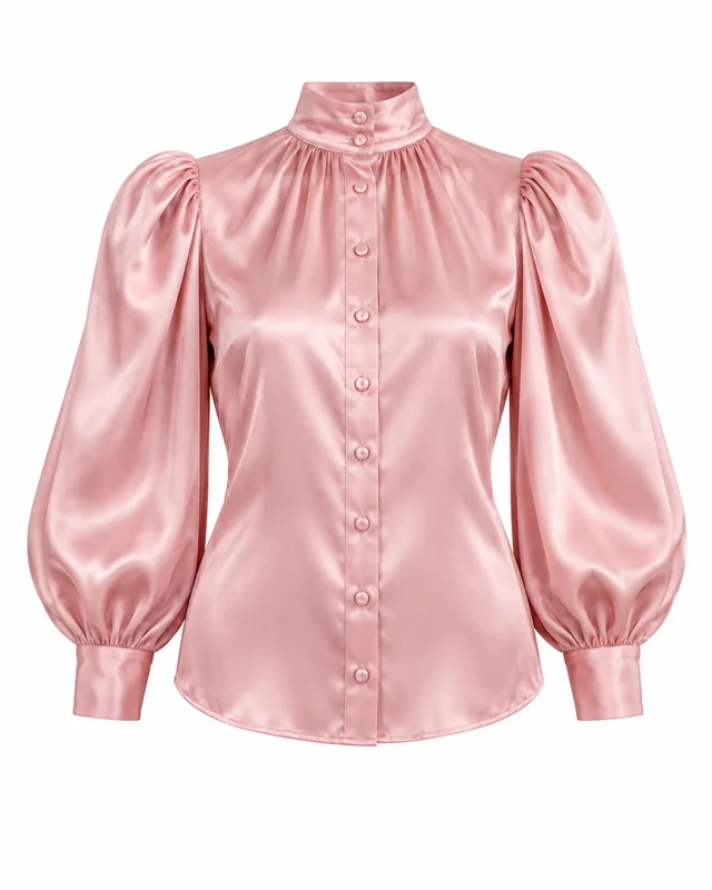 Pink silk puff-sleeve high-neck blouse