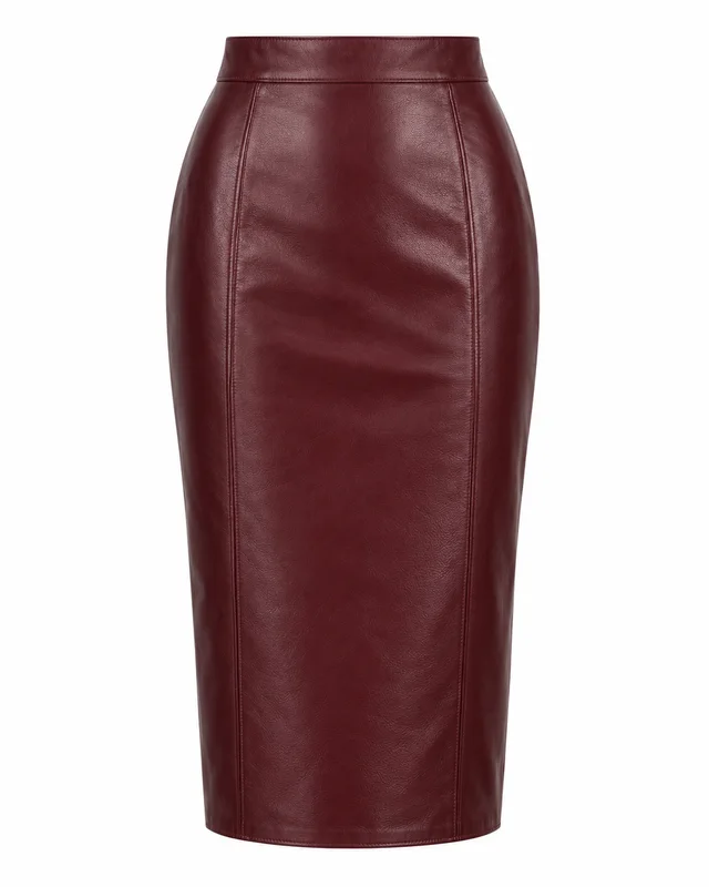 Burgundy leather midi pencil skirt