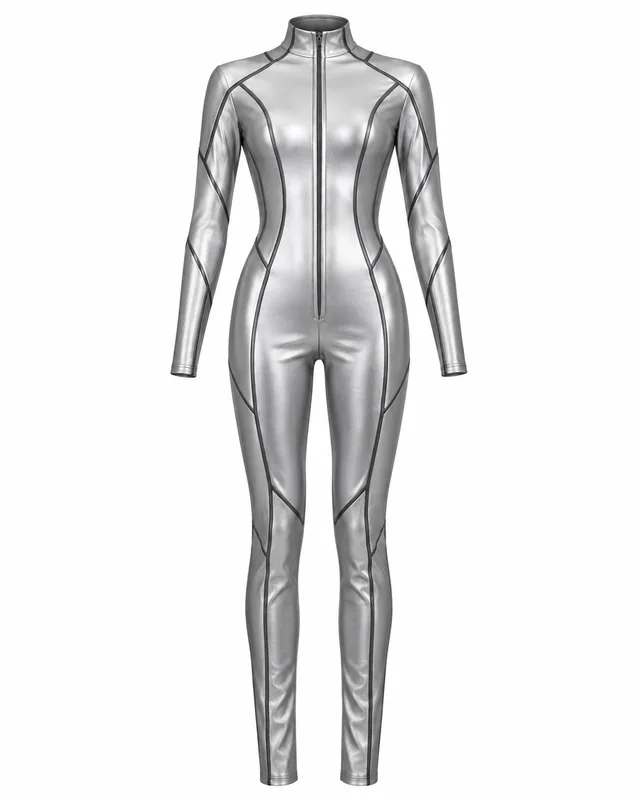 Silver nylon panelled sci-fi catsuit