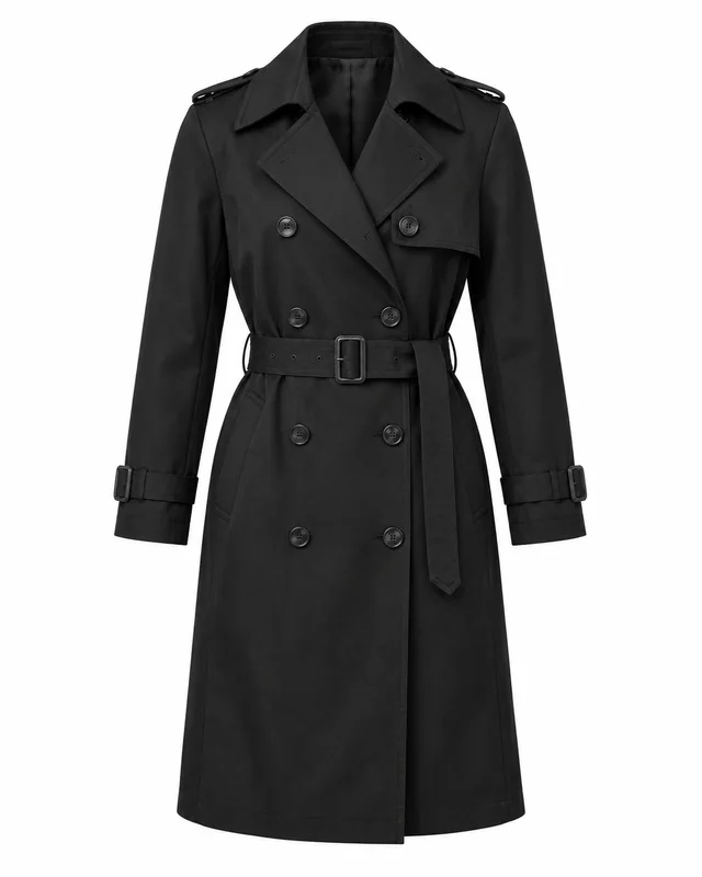 Black gabardine double-breasted trench coat