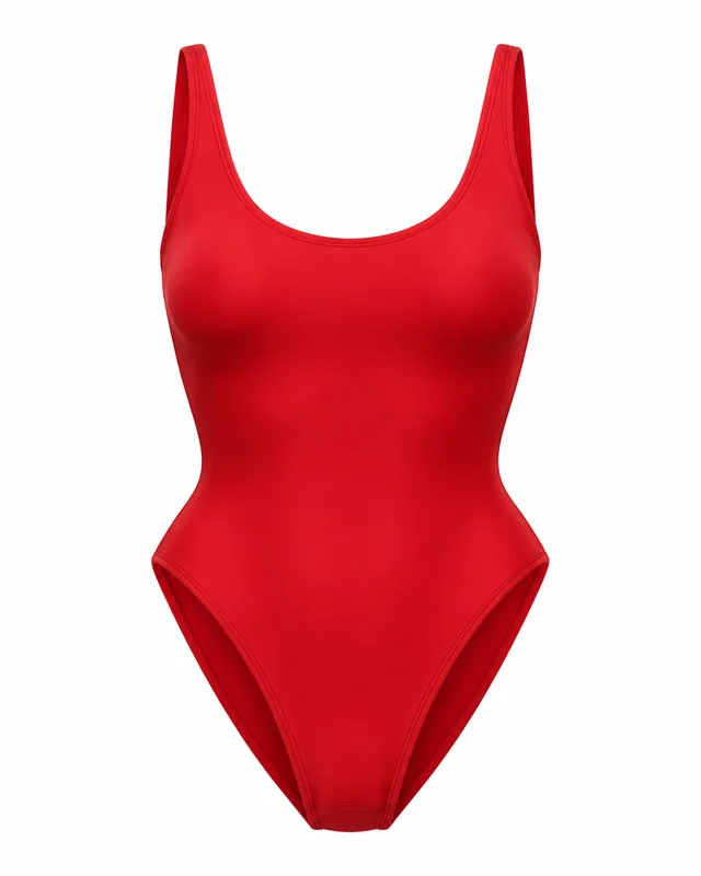 Red nylon high-leg one-piece swimsuit